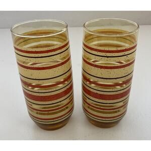2 Vintage Striped Drinking Glasses Juice Tumblers Orange Yellow‎ MCM 70s RETRO